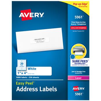 Avery Laser Easy Peel Address Labels, 1&quot; x 4&quot;, White, 5000 Labels