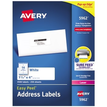 Avery Easy Peel&#174; Address Labels, Sure Feed™ Technology, Permanent Adhesive, 1 1/3&quot; x 4&quot;, 3,500/BX