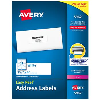 Avery Laser Easy Peel Address Labels, 1.33&quot; x 4&quot;, White, 3500 Labels