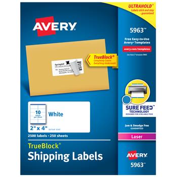 Avery TrueBlock Laser Shipping Labels, 2&quot; x 4&quot;, White, 2500/Box
