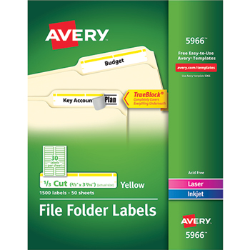 Avery File Folder Labels, TrueBlock&#174; Technology, Permanent Adhesive, Yellow, 2/3&quot; x 3 7/16&quot;, 1500/BX