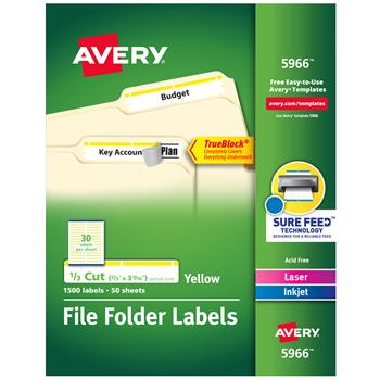 Avery TrueBlock File Folder Labels, Printable Labels, 2/3 in x 3-7/16 in, White and Yellow, 1,500/Pack