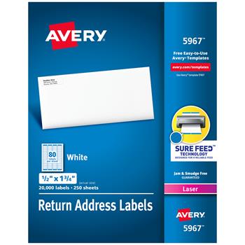 Avery Laser Return Address Labels, 0.5&quot; x 1.75&quot;, White, 20000 Labels