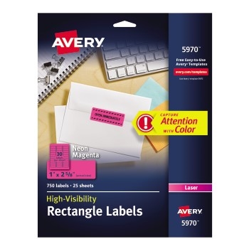 Avery High-Visibility Labels, Permanent Adhesive, Neon Magenta, 1&quot; x 2 5/8&quot;, 750/PK