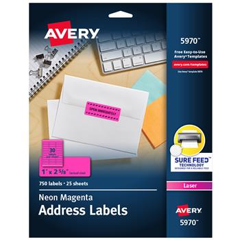 Avery Laser Address Labels, 1&quot; x 2.63&quot;, Neon Pink, 750 Labels