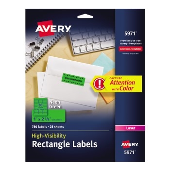 Avery High-Visibility Labels, Permanent Adhesive, Neon Green, 1&quot; x 2 5/8&quot;, 750/PK