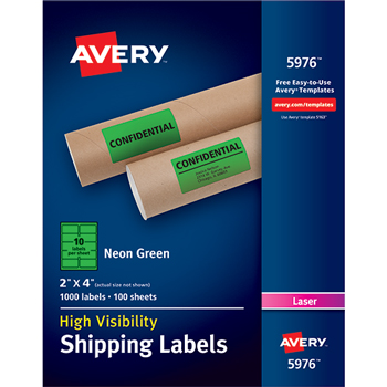 Avery High-Visibility Shipping Labels, Permanent Adhesive, Neon Green, 2&quot; x 4&quot;, 1000/BX