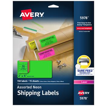 Avery Laser Shipping Labels, 2&quot; x 4&quot;, Assorted Colors, 150 Labels