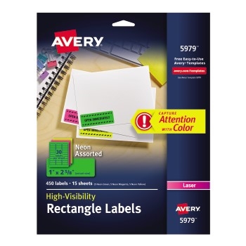Avery High-Visibility Labels, Permanent Adhesive, Assorted Neon Colors, 1&quot; x 2 5/8&quot;, 450/PK