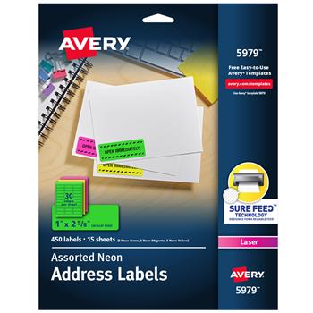 Avery Laser Address Labels, 1&quot; x 2.63&quot;, Assorted Colors, 450 Labels