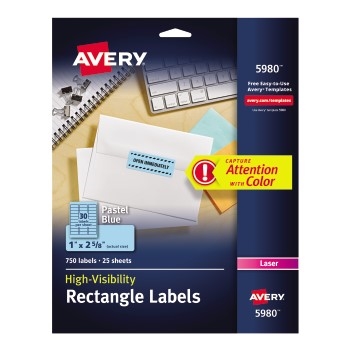 Avery High-Visibility Labels, Permanent Adhesive, Blue Pastel, 1&quot; x 2 5/8&quot;, 750/PK