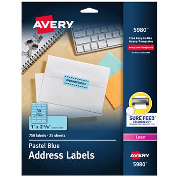 Avery Laser Address Labels, 1&quot; x 2.63&quot;, Pastel Blue, 750 Labels
