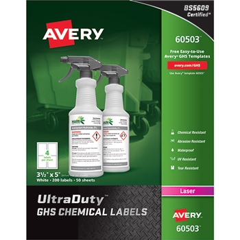 Avery GHS Chemical Labels, 3 1/2 x 5, White, 200/Box