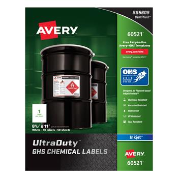 Avery UltraDuty GHS Chemical Labels for Pigment Inkjet Printers, 8-1/2 in x 11 in, White, 50/Pack