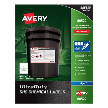 Avery UltraDuty GHS Chemical Labels for Pigment Inkjet Printers, Permanent Adhesive, 4-3/4 in x 7-3/4 in, White, 100/Pack