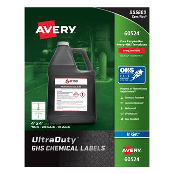 Avery UltraDuty GHS Chemical Labels for Pigment Inkjet Printers, Permanent Adhesive, 4 in x 4 in, White, 200/Pack