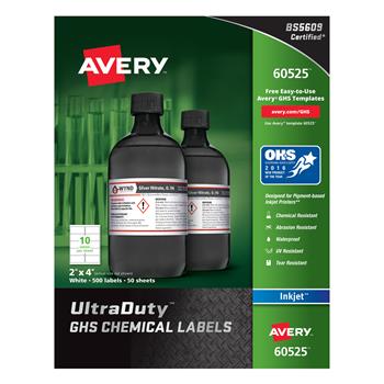 Avery UltraDuty GHS Chemical Labels for Pigment Inkjet Printers, 2 in x 4 in, White, 500/Pack