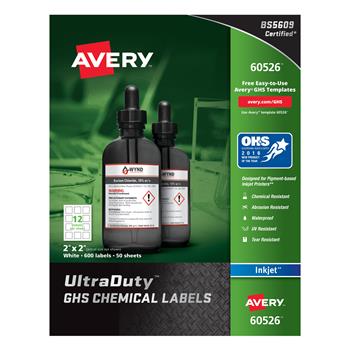 Avery UltraDuty GHS Chemical Labels for Pigment Inkjet Printers, Permanent Adhesive, 2 in x 2 in, White, 600/Pack