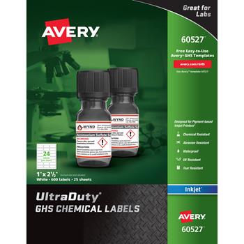 Avery UltraDuty GHS Chemical Labels for Pigment Inkjet Printers, Permanent Adhesive, 1 in x 2-1/2 in, White, 600/Pack