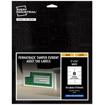 Avery PermaTrack Tamper-Evident Asset Tag Labels, 2 in x 3-3/4 in, White, 64/Pack