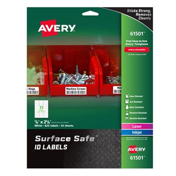 Avery Surface Safe ID Labels, Removable Adhesive, 7/8 in x 2-5/8 in, Matte White, 825/Pack