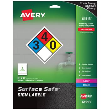 Avery Removable Label Safety Signs, Printable, 8 in x 8 in, White, 15/Pack