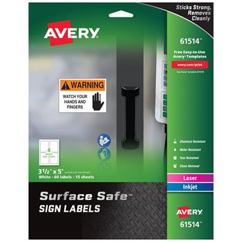 Avery Removable Label Safety Signs, Printable, 3-1/2 in x 5 in, White, 60/Pack