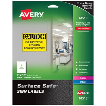 Avery Removable Label Safety Signs, Printable, 7 in x 10 in, White, 15/Pack