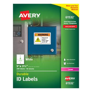 Avery Durable ID Labels, TrueBlock Technology, Permanent Adhesive, 5 in x 3-1/2 in, White, 200/Pack