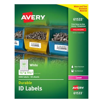 Avery Durable ID Labels, TrueBlock Technology, Permanent Adhesive, 2/3 in x 1-3/4 in, White, 3,000/Pack