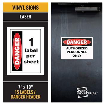 Avery Industrial Adhesive Vinyl Signs, Danger Sign, 7 in x 10 in, 3.4 mil, Red and White, 15/Pack
