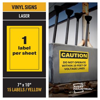 Avery Industrial Adhesive Vinyl Signs, Caution Sign, 7 in x 10 in, 3.4 mil, Yellow and White, 15/Pack