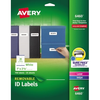 Avery Removable ID Labels, Removable Adhesive, 1&quot; x 2 5/8&quot;, 750/PK