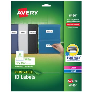 Avery Removable ID Labels, Sure Feed Technology, Removable Adhesive, 1 in x 2-5/8 in, 750/Pack