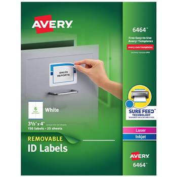 Avery Removable ID Labels, Sure Feed Technology, Removable Adhesive, 3-1/3 in x 4 in, 150/Pack