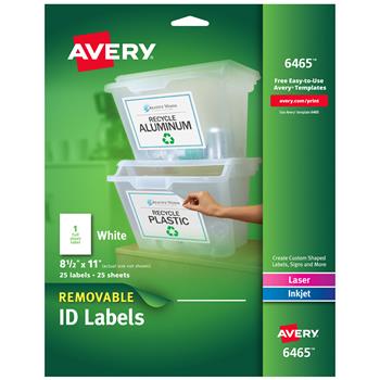 Avery Self-Adhesive Removable Laser ID Labels, 8.5 x 11 in, White, 25/Pack