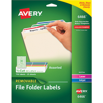 Avery Removable Filing Labels, Removable Adhesive, Assorted Colors, 2/3&quot; x 3 7/16&quot;, 750/PK