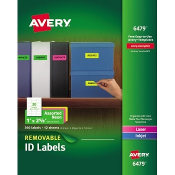 Avery Removable Labels, Removable Adhesive, 1&quot; x 2 5/8&quot;, Assorted Neon Colors, 360/PK