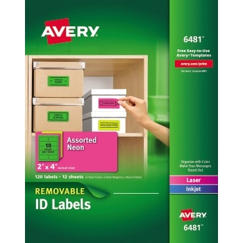 Avery Removable Multipurpose Labels, Removable Adhesive, Assorted Neon Colors, 2&quot; x 4&quot; , 120/PK
