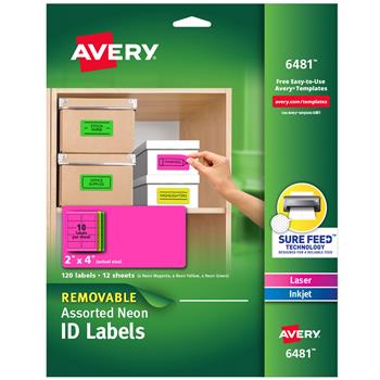 Avery Removable Multipurpose Labels, Sure Feed Technology, 2 in x 4 in, Assorted Neon, 120/Pack