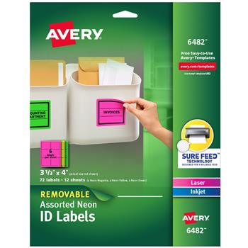 Avery Removable Multipurpose Labels, Sure Feed Technology, 3-1/3 in x 4 in, Assorted Neon, 72/Pack