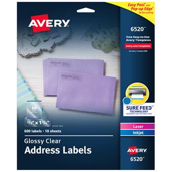 Avery Laser/ Inkjet Address Labels, 0.33&quot; x 1.75&quot;, Clear, 600 Labels