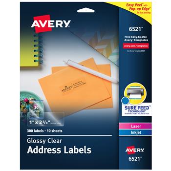Avery Laser/Inkjet Address Labels, Glossy, 1&quot; x 2.63&quot;, Clear, 300 Labels