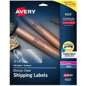 Avery Laser Inkjet Shipping Labels, 2&quot; x 4&quot;, Glossy Clear, 100/Pack