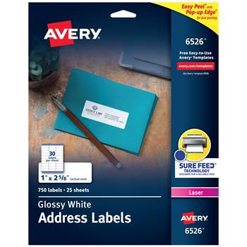 Avery Laser/Inkjet Address Labels, Glossy, 1&quot; x 2.63&quot;, White, 750 Labels