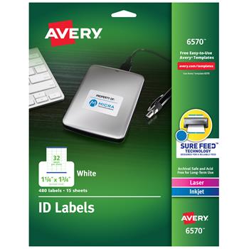 Avery ID Labels, Sure Feed Technology, Permanent Adhesive, 1-1/4 in x 1-3/4 in, 480/Pack