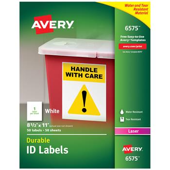 Avery Durable ID Labels, Permanent Adhesive, 8-1/2 in x 11 in, Matte White, 50/Pack