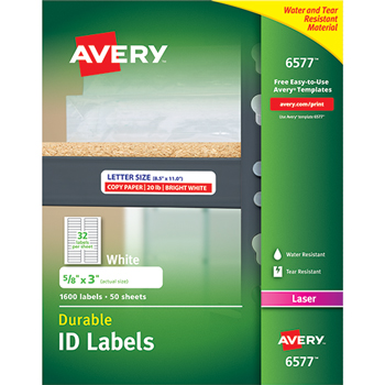 Avery Permanent Durable ID Laser Labels, 5/8 x 3, White, 1600/Pack