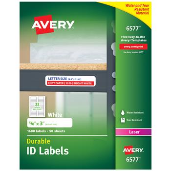 Avery Durable ID Labels, Permanent Adhesive, 5/8 in x 3 in, 1,600/Pack