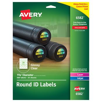 Avery Glossy Clear Round Labels, Sure Feed Technology, Permanent Adhesive, 1 5/8 in Diameter, 500/Pack
